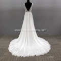 Sexy Illusion V Neck Flower Pattern Sleeveless Bride Gown Backless Wedding Dress White